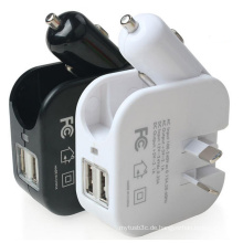 2 in 1 Doppel-USB-Port-Auto-Aufladeeinheit-Ausgangs-Wand-Aufladeeinheit mit faltbarem Au-Stecker